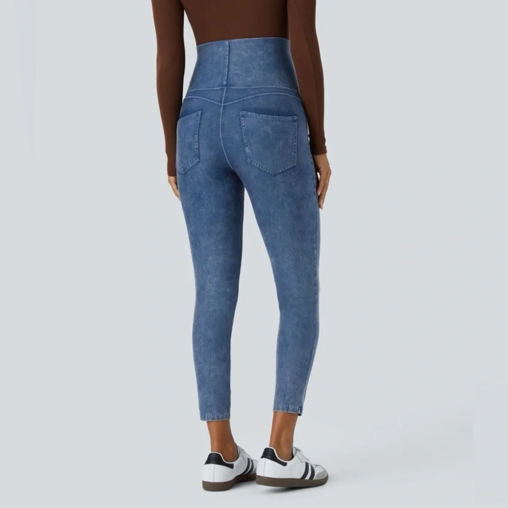 Halara Flex™ Super High Waisted Foldover Stretchy Denim Maternity 7/8 Leggings - Picture 2 of 4